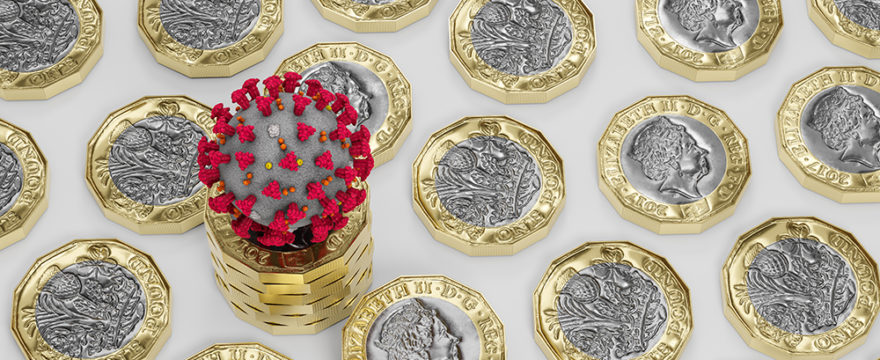 Pound coin, United Kingdom funding grant for Covid-19 Cornavirus, 3D Illustration