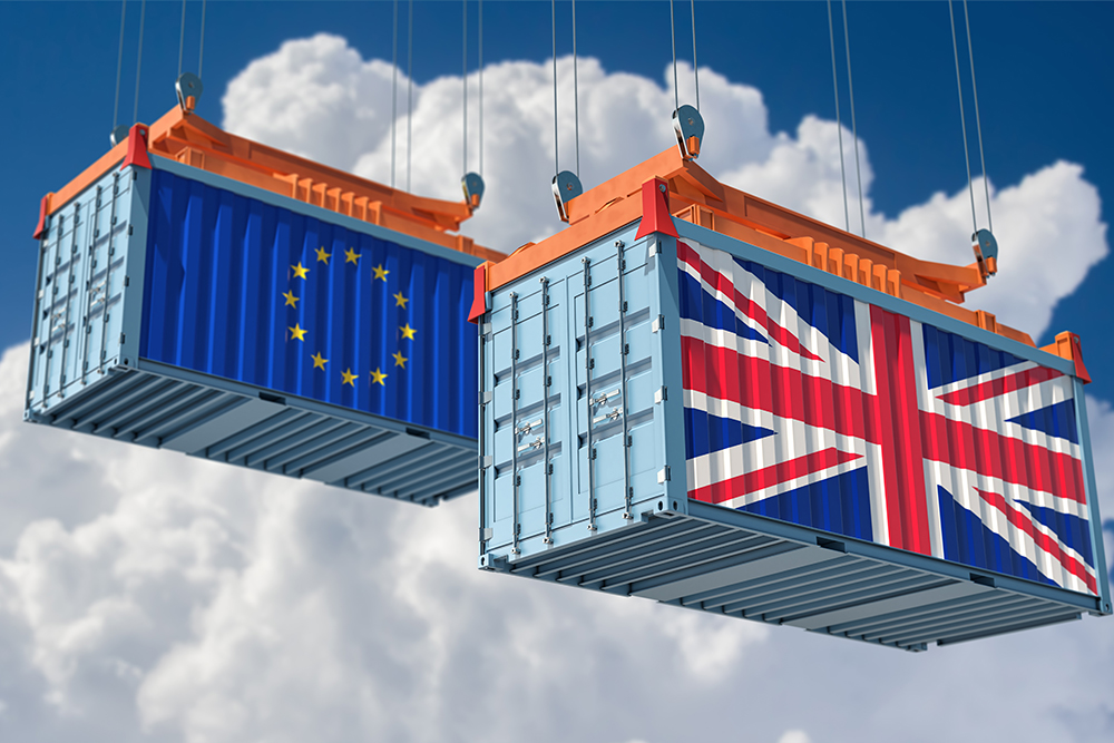 Freight containers with European Union and United Kingdom flag.