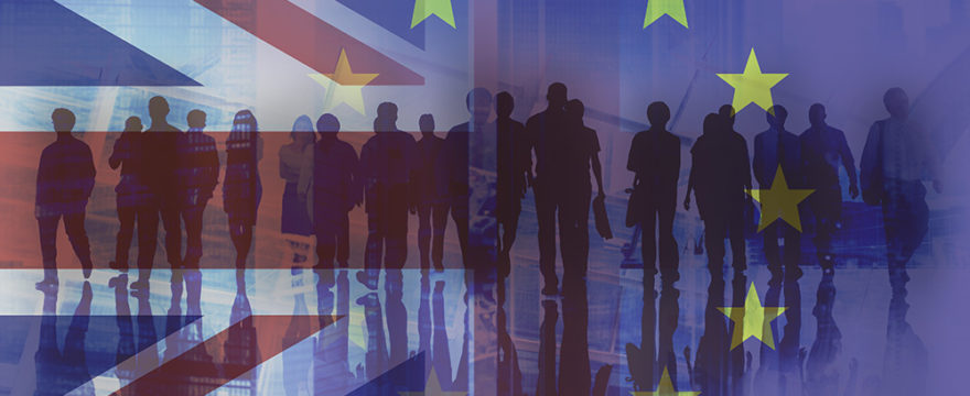 People with UK and EU flag overlay